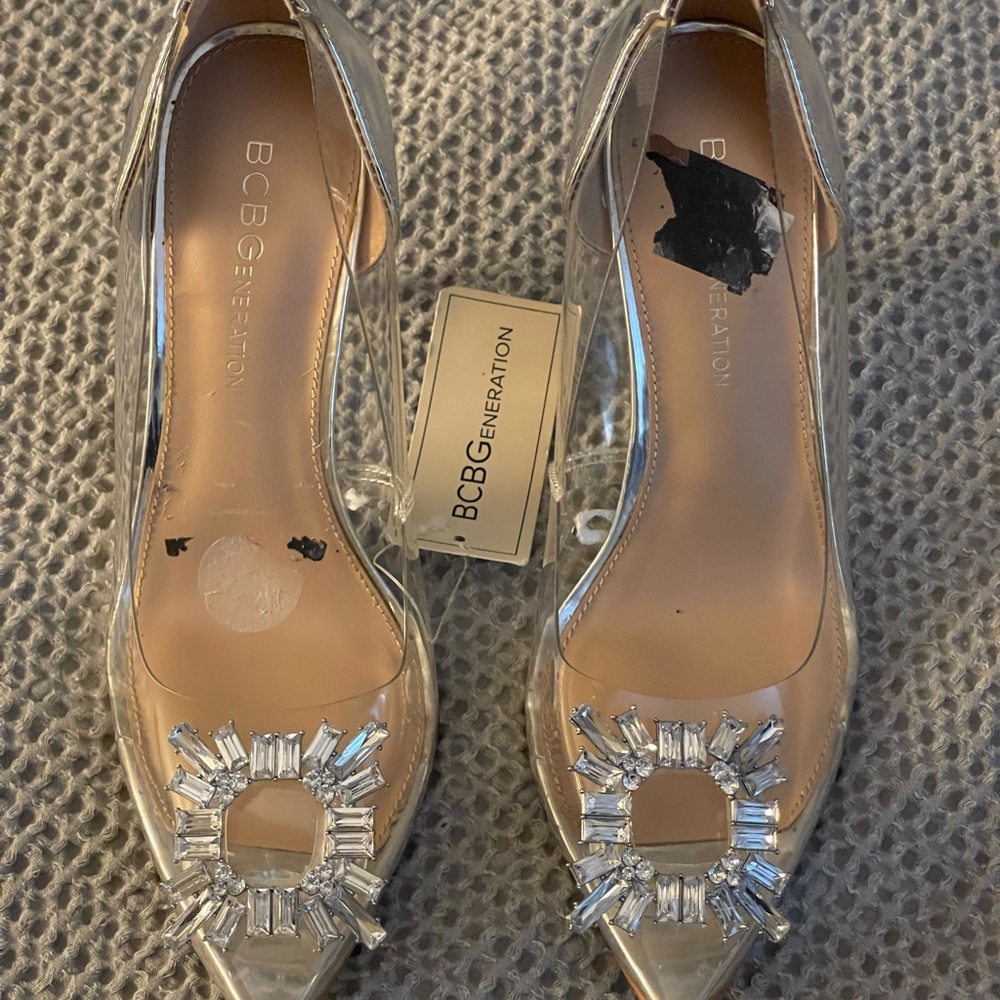 BCBGeneration Clear and Silver Embellished Heels